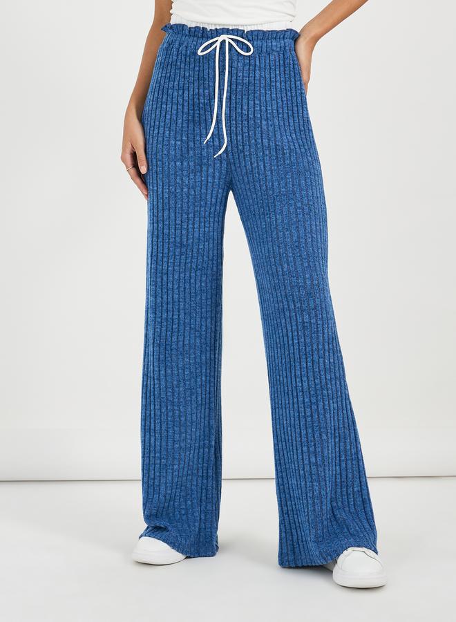 Styli High Rise Ribbed Knit Wide Leg Pants with Drawstring  - Image 2