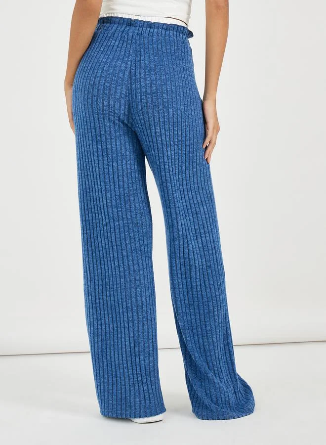 Styli High Rise Ribbed Knit Wide Leg Pants with Drawstring