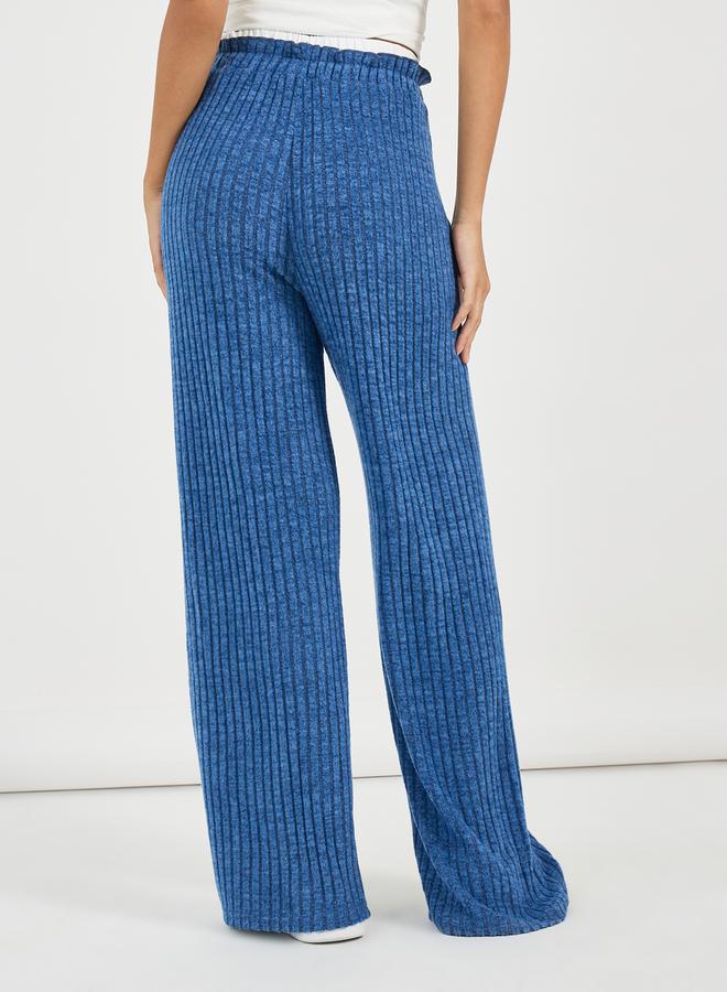 Styli High Rise Ribbed Knit Wide Leg Pants with Drawstring  - Image 4