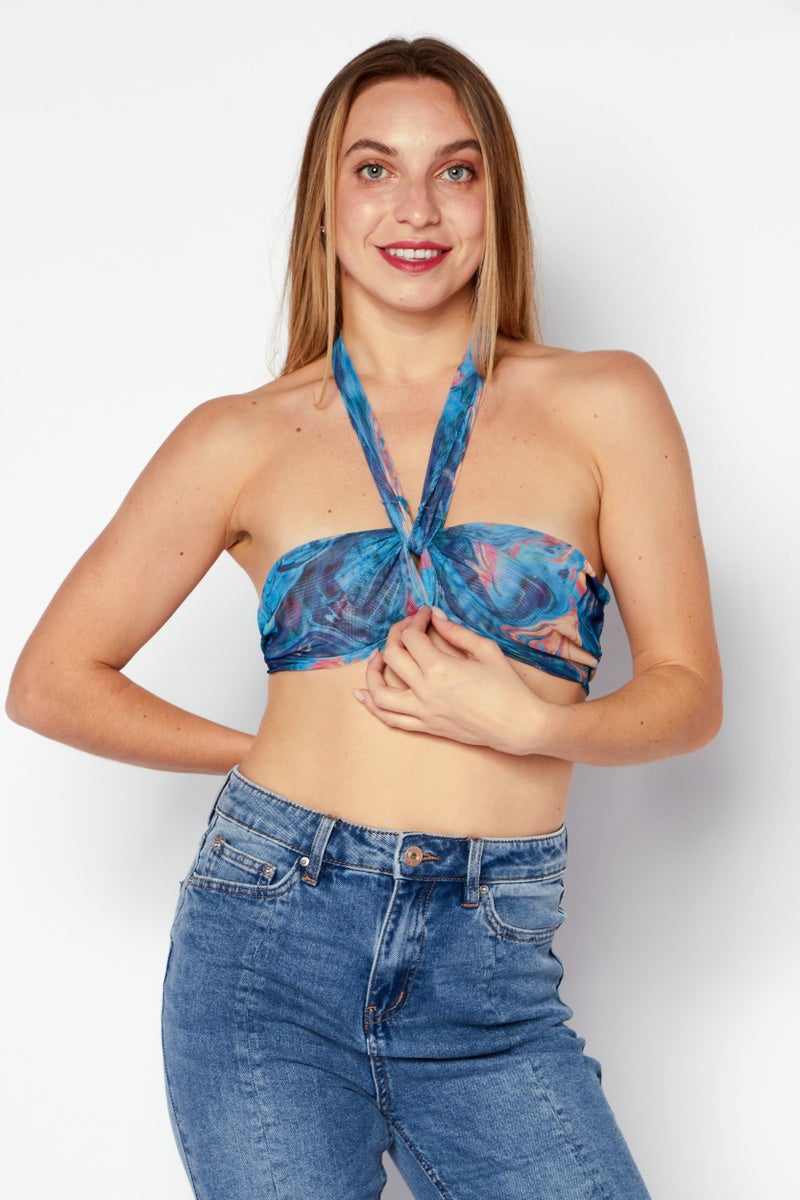 boohoo Women Halter Neck Sleeveless Printed Crop Tops, Blue Combo - Image 1