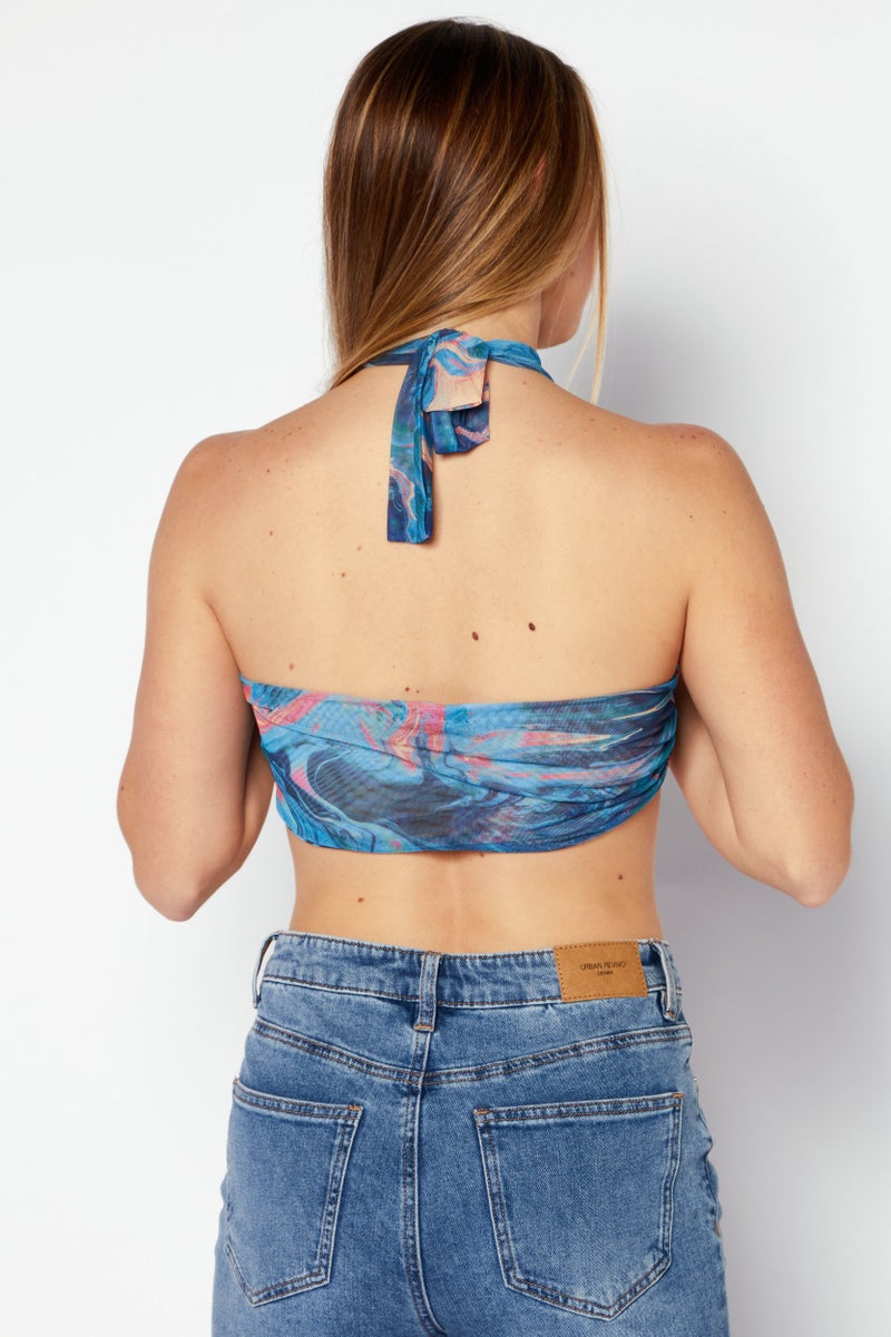 boohoo Women Halter Neck Sleeveless Printed Crop Tops, Blue Combo - Image 3