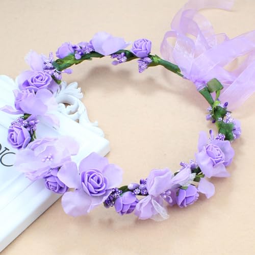 WLBON Flower Crown Headband Wreath Garland Hair Bands Floral Wedding Bridal Hair Hoop Women Leaf Ribbon Party Decoration Headdress Headwear Christmas Handmade Headpiece Hair Accessories 2 Pack Purple - Image 5