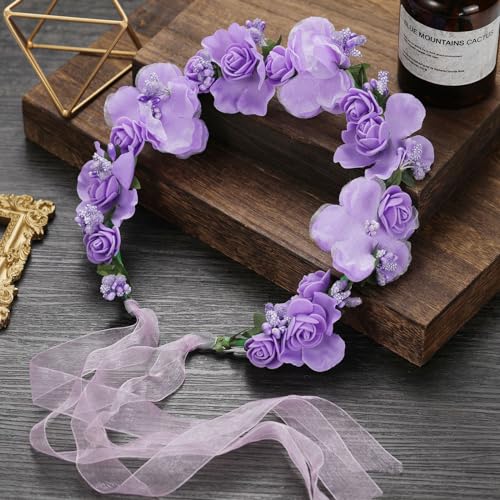 WLBON Flower Crown Headband Wreath Garland Hair Bands Floral Wedding Bridal Hair Hoop Women Leaf Ribbon Party Decoration Headdress Headwear Christmas Handmade Headpiece Hair Accessories 2 Pack Purple - Image 4