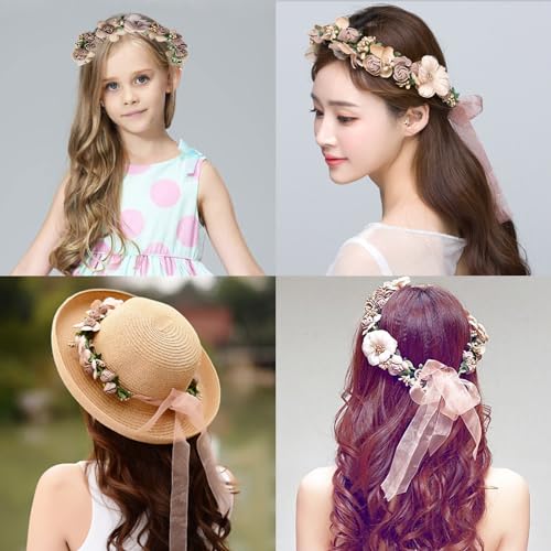 WLBON Flower Crown Headband Wreath Garland Hair Bands Floral Wedding Bridal Hair Hoop Women Leaf Ribbon Party Decoration Headdress Headwear Christmas Handmade Headpiece Hair Accessories 2 Pack Purple - Image 2