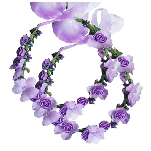 WLBON Flower Crown Headband Wreath Garland Hair Bands Floral Wedding Bridal Hair Hoop Women Leaf Ribbon Party Decoration Headdress Headwear Christmas Handmade Headpiece Hair Accessories 2 Pack Purple - Image 1