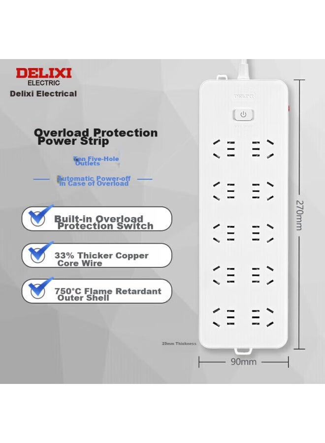 Delixi High-power Protection New National Standard Socket/power Strip/extension Cord/strip/power Bar 10 Outlets With 5-hole Socket, Master Switch, Overload Protection, 3 Meters - Image 1