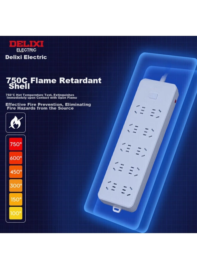 Delixi High-power Protection New National Standard Socket/power Strip/extension Cord/strip/power Bar 10 Outlets With 5-hole Socket, Master Switch, Overload Protection, 3 Meters - Image 2