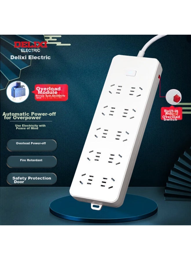 Delixi High-power Protection New National Standard Socket/power Strip/extension Cord/strip/power Bar 10 Outlets With 5-hole Socket, Master Switch, Overload Protection, 3 Meters - Image 5