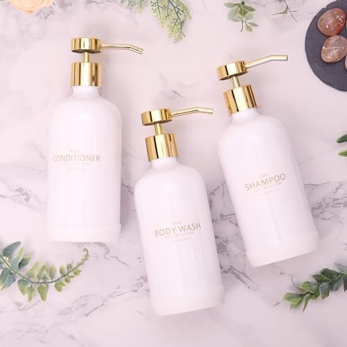 Janxin Shampoo and Conditioner Dispenser Set of 3,Refillable 20.5OZ Shampoo Bottles with Non-Slip Protective Silicone Pad,Shower Soap Dispenser with Waterproof Labels for Bathroom (White) - Image 2