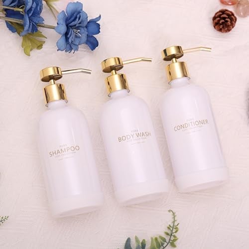 Janxin Shampoo and Conditioner Dispenser Set of 3,Refillable 20.5OZ Shampoo Bottles with Non-Slip Protective Silicone Pad,Shower Soap Dispenser with Waterproof Labels for Bathroom (White) - Image 5