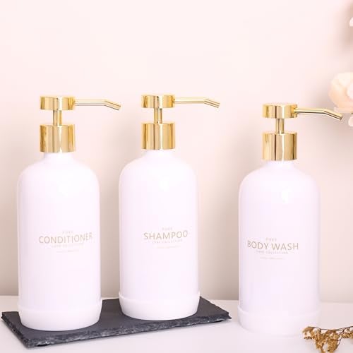 Janxin Shampoo and Conditioner Dispenser Set of 3,Refillable 20.5OZ Shampoo Bottles with Non-Slip Protective Silicone Pad,Shower Soap Dispenser with Waterproof Labels for Bathroom (White) - Image 3