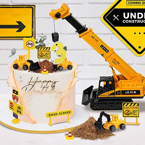 RAYNAG 16 Pieces Construction Cake Topper Vehicles Cake Decoration Set Construction Birthday Party Supplies Large Crane Excavator Traffic Road Sign Cake Topper for Birthday Party Supplies Favours - Image 2