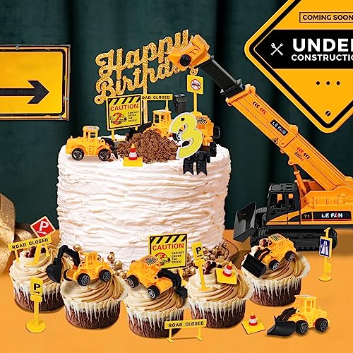 RAYNAG 16 Pieces Construction Cake Topper Vehicles Cake Decoration Set Construction Birthday Party Supplies Large Crane Excavator Traffic Road Sign Cake Topper for Birthday Party Supplies Favours - Image 5