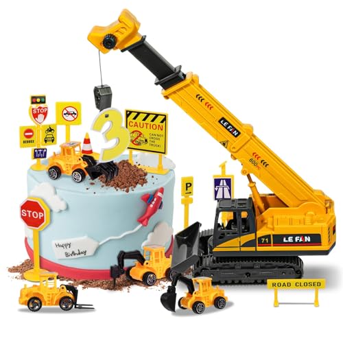RAYNAG 16 Pieces Construction Cake Topper Vehicles Cake Decoration Set Construction Birthday Party Supplies Large Crane Excavator Traffic Road Sign Cake Topper for Birthday Party Supplies Favours - Image 1