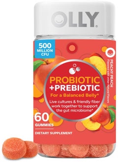 OLLY Probiotic + Prebiotic Gummy, Digestive Support and Gut Health, 500 Million CFUs, Fiber, Adult Chewable Supplement for Men and Women, Peach, 30 Day Supply - 60 Count