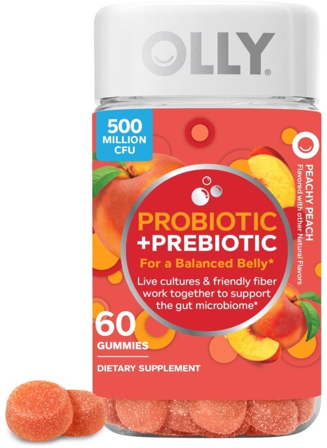 OLLY - OLLY Probiotic + Prebiotic Gummy, Digestive Support and Gut Health, 500 Million CFUs, Fiber, Adult Chewable Supplement for Men and Women, Peach, 30 Day Supply - 60 Count - Image 1