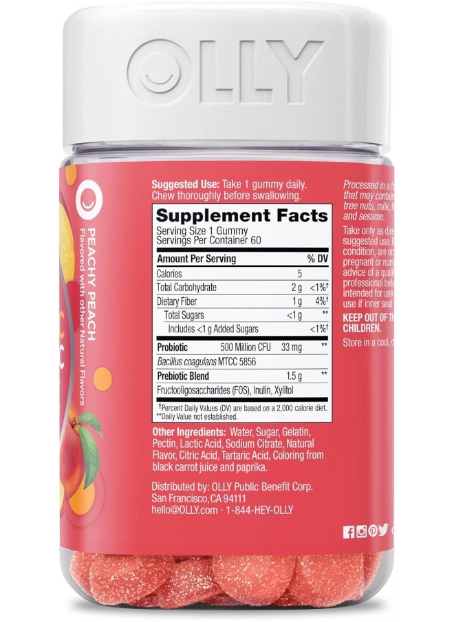 OLLY - OLLY Probiotic + Prebiotic Gummy, Digestive Support and Gut Health, 500 Million CFUs, Fiber, Adult Chewable Supplement for Men and Women, Peach, 30 Day Supply - 60 Count - Image 1