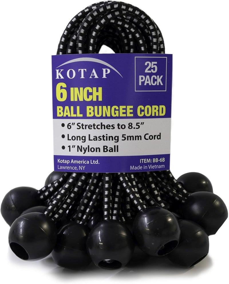 Kotap BB-6B Ball Bungee Cord, Heavy-Duty & Versatile, Indoor & Outdoor, Tarp Tie-Down, Organize & Secure, 6-Inch, Black, 25 Pack - Image 1
