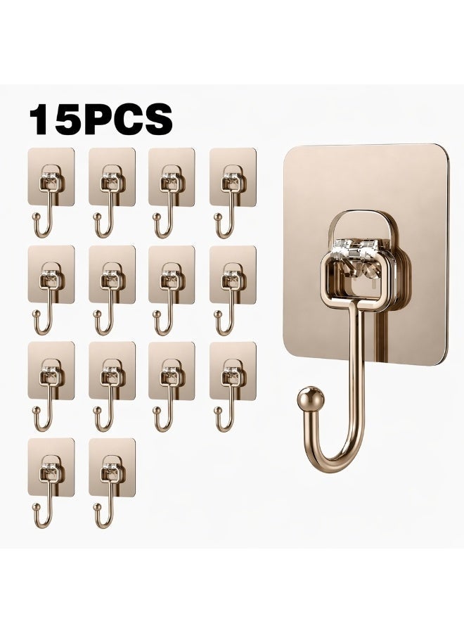 15pieces Heavy Duty Self-Adhesive Hooks, Damage-Free Wall Mount for Kitchen & Bathroom, 3-Layer Reinforced, Black/Gold/Transparent - Image 1