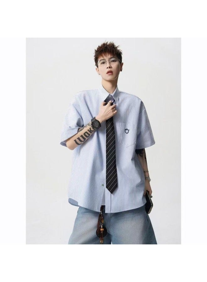 Embroidered Short-sleeved Shirt Men's Summer High Street Retro European Style Shirt College Style Casual Jacket
