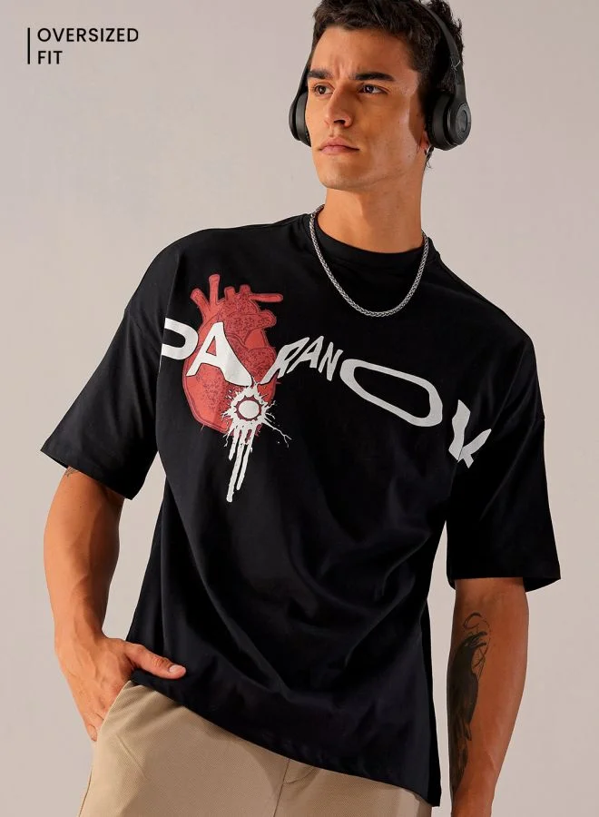 شركة المرآب الهندية Men's Casual Boxy Placement Print Crew Neck Short Sleeve T-Shirt