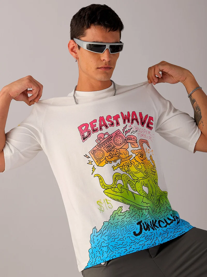 شركة المرآب الهندية Men's Casual Boxy Placement Print Crew Neck Short Sleeve T-Shirt
