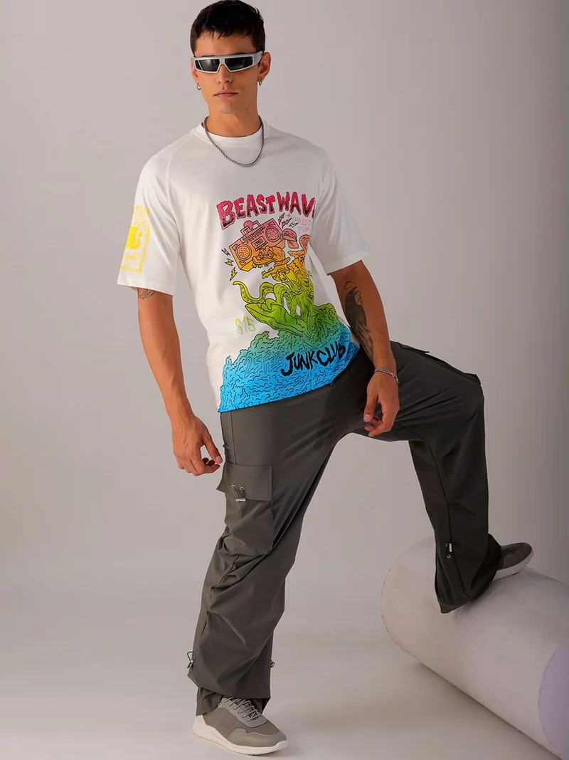 شركة المرآب الهندية Men's Casual Boxy Placement Print Crew Neck Short Sleeve T-Shirt