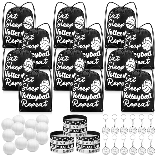 MiniInflat 48 Pcs Volleyball Party Favors for Kids Volleyball Team Gifts Bulk Include 12 Drawstring Bags 12 Keychain 12 Silicone Bracelets 12 Mini Stress Ball for Birthday Sport Supplies Decoration - Image 1
