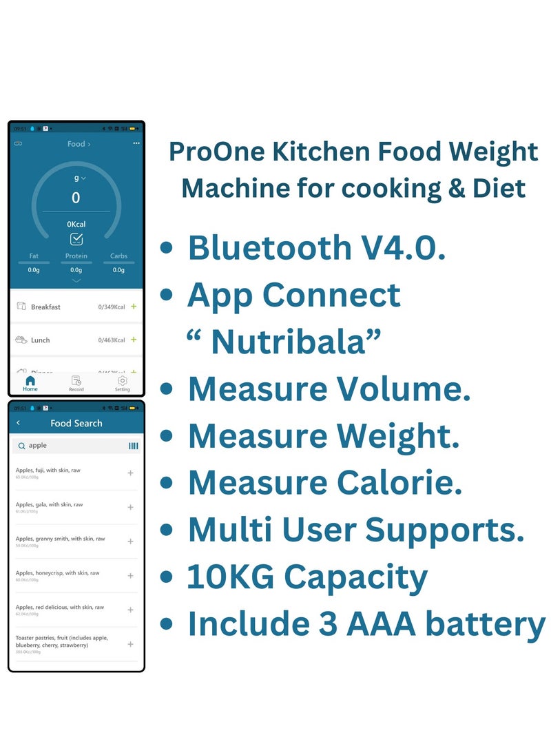 ProOne - ProOne Bluetooth Smart Kitchen food Scale, Measure Volume, Weight, Calories, Multi User Data Storage, Phone Connect, Small Weight machine Cooking, Baking & Your Diet Planning Partner - Image 1