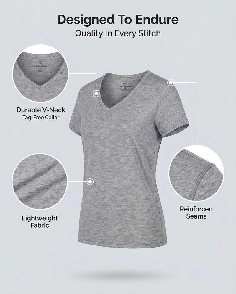 REALESSENTIALS Real Essentials 5 Pack: Women's Dry-Fit Short Sleeve V Neck T Shirt Workout Fitness Yoga Top Tee, Set 16, M - Image 4