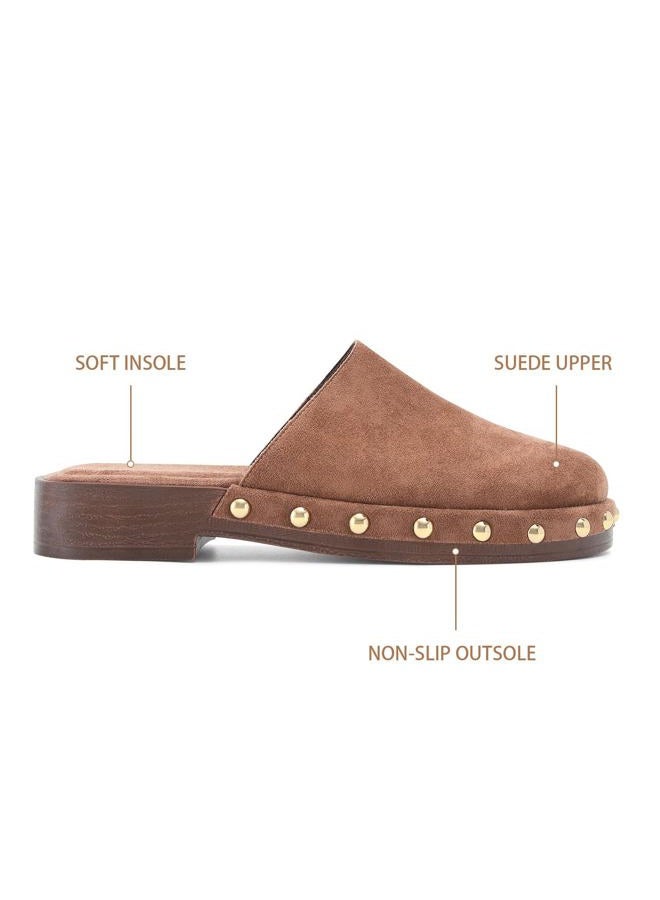 MICIFA Studded Platform Mules for Women Closed Round Toe Suede Clogs Slip On Backless Flat Mules Comfortable Casual Slides Shoes, Dark Brown, 8 - Image 4