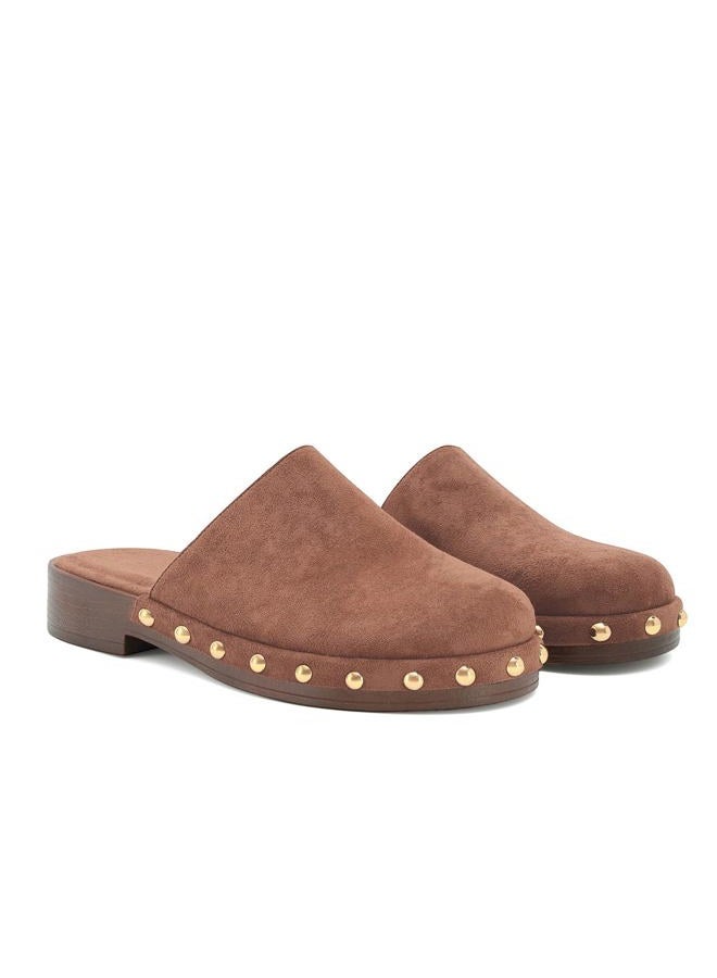 MICIFA Studded Platform Mules for Women Closed Round Toe Suede Clogs Slip On Backless Flat Mules Comfortable Casual Slides Shoes, Dark Brown, 8 - Image 1