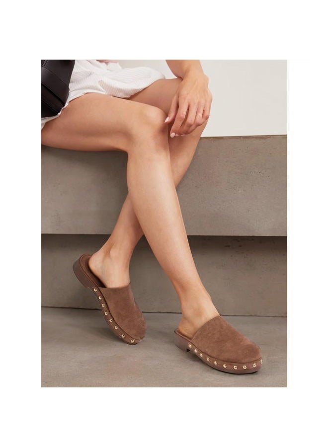 MICIFA Studded Platform Mules for Women Closed Round Toe Suede Clogs Slip On Backless Flat Mules Comfortable Casual Slides Shoes, Dark Brown, 8 - Image 3