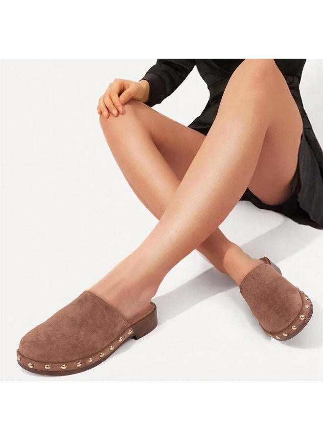 MICIFA Studded Platform Mules for Women Closed Round Toe Suede Clogs Slip On Backless Flat Mules Comfortable Casual Slides Shoes, Dark Brown, 8 - Image 2