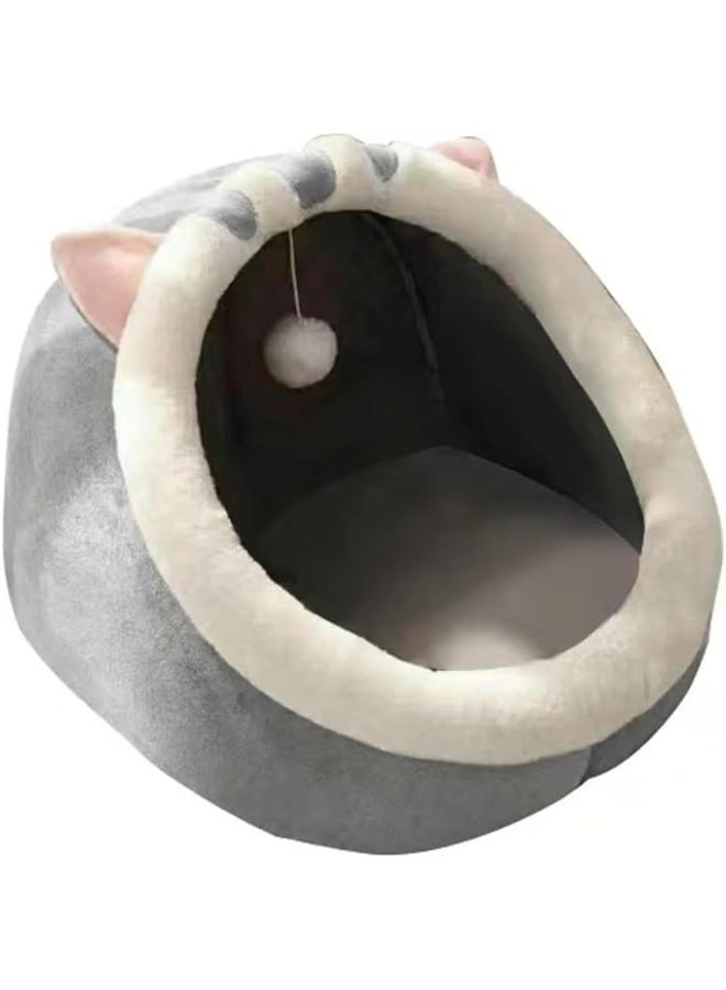 UREVO Indoor Cat Bed, Semi-enclosed Cat Igloo Cave Bed for Indoor Kittens, Round Donut Cat House Nest with Fluffy Ball Hanging, Soft Pet Cat Cave for Cats with Anti-Slip Bottom - Image 1