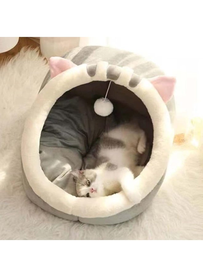 UREVO Indoor Cat Bed, Semi-enclosed Cat Igloo Cave Bed for Indoor Kittens, Round Donut Cat House Nest with Fluffy Ball Hanging, Soft Pet Cat Cave for Cats with Anti-Slip Bottom - Image 2