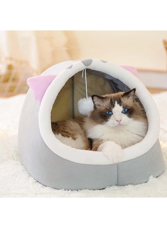 UREVO Indoor Cat Bed, Semi-enclosed Cat Igloo Cave Bed for Indoor Kittens, Round Donut Cat House Nest with Fluffy Ball Hanging, Soft Pet Cat Cave for Cats with Anti-Slip Bottom - Image 3