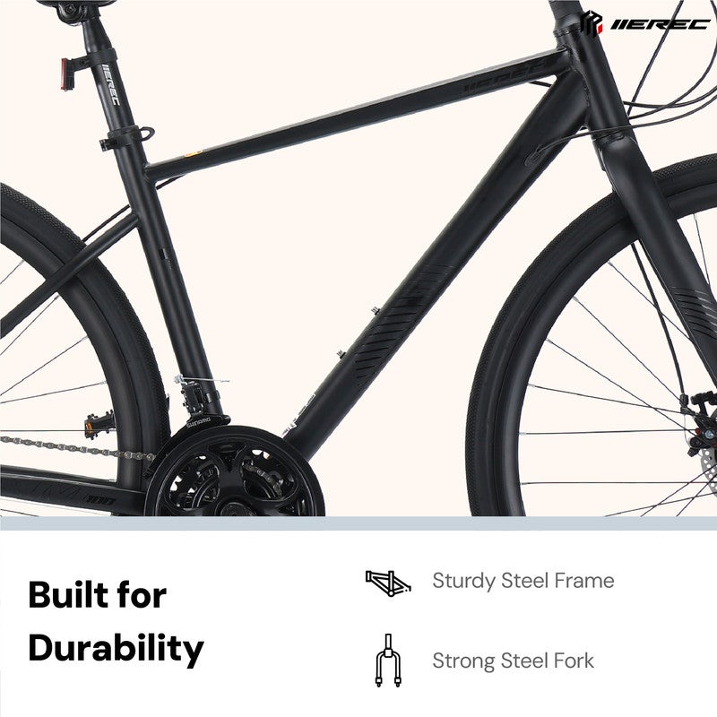 Merec XM100 700C Bike | Steel Frame, 21 Speed Drivetrain, Internal Cable Routing, 700x35C Tires, Alloy Stem - Black - Image 2