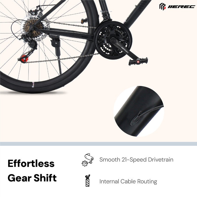 Merec XM100 700C Bike | Steel Frame, 21 Speed Drivetrain, Internal Cable Routing, 700x35C Tires, Alloy Stem - Black - Image 3