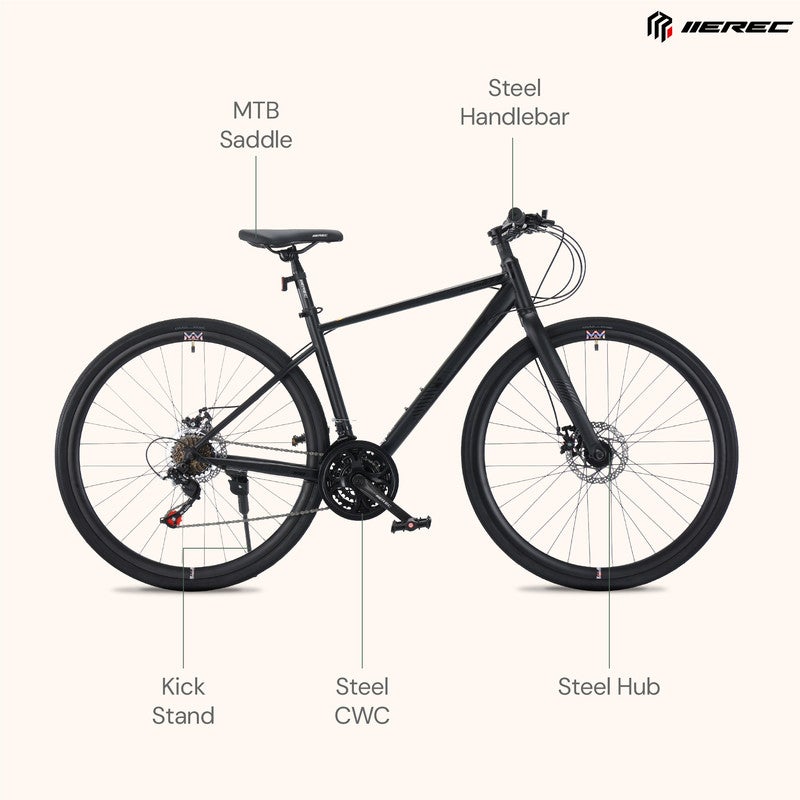Merec XM100 700C Bike | Steel Frame, 21 Speed Drivetrain, Internal Cable Routing, 700x35C Tires, Alloy Stem - Black - Image 5
