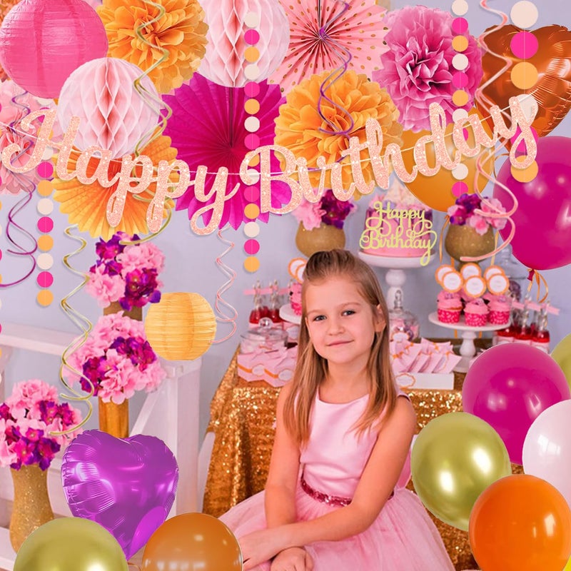 Vztipki Hot-Pink Orange Birthday Decoration for Women Girl, Fall Peach Burnt-Orange Gold Balloon DÃ©cor-Happy Banner, Streamers Lanterns Honeycomb, Tissue Flowers Pom Poms Fan, Boho Sunset Autumn Party DÃ©cor - Image 5