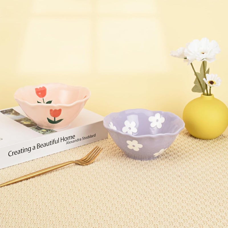 Koythin Ceramic Cute Bowl Creative Soup Bowls Flower Bowl for Kitchen Cereal Oatmeal Salad Aesthetics Home Decor Purple Floret - Image 3