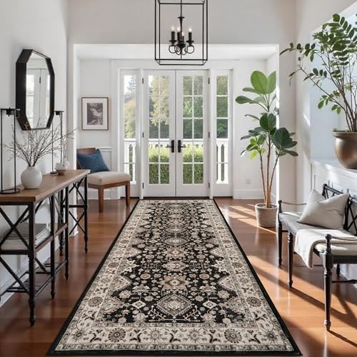TOPRUUG Washable Hallway Runner Rug 4x10: Non Slip Runner Rugs with Rubber Backing Soft Kitchen Rug Farmhouse Distressed Carpet Runner for Living Room Bedroom Bathroom (Black, 4X10) - Image 1