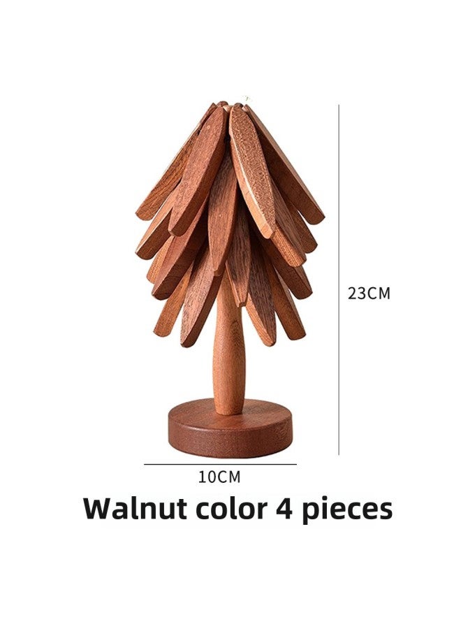 Advanced Sense Tree Coaster Heat Insulation Mat Dining Table Decoration Creative Tree Solid Wood Black Walnut Anti-scalding Pot Bowl Mat-Color:Walnut Color - Set Of 4 Pieces Plus Base (opp Ziplock Bag)  - Image 1