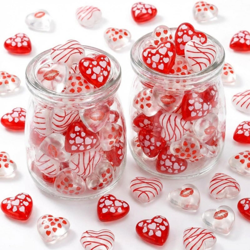 Memorywuu 60 Pcs Valentine's Day Vase Bowl Fillers Resin Heart Shaped Gems Red Heart Flatback Embellishments for Table Scatters Wedding Party Event Valentine's Day Decoration Favor - Image 1