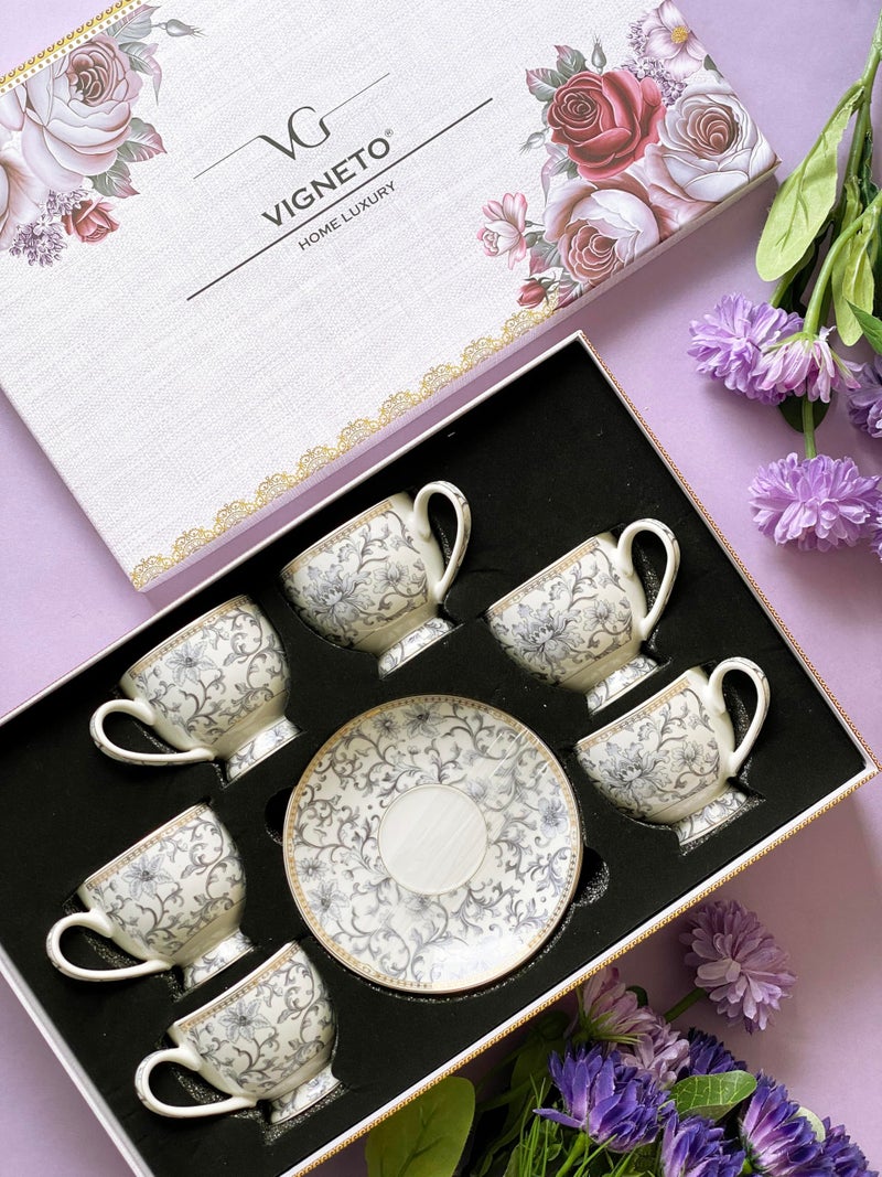 Vigneto Floral Royal Blue Cup and Saucer Set for Tea/Coffee/Hot Drinks | Set of 6 Cup and Saucers, 190 ML | Finest Premium Porcelain | Lead Free | Scratch Resistant | Chip Resistant - Image 2