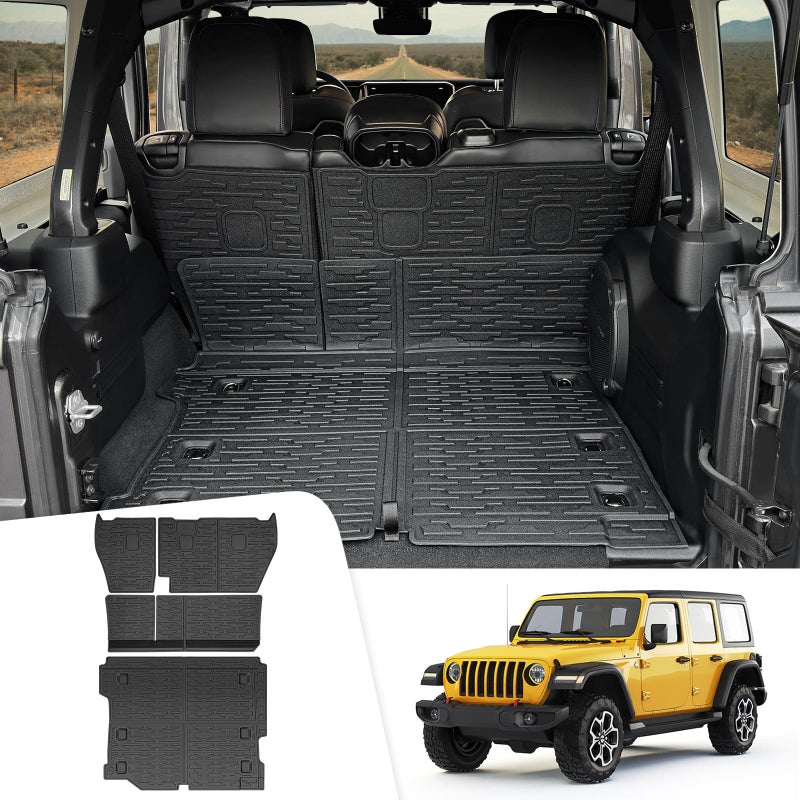 حصائر شحن JTYZSM لسيارة جيب رانجلر JL 2018-2025 غير محدودة 4X4 حصيرة صندوق مع بطانة مسند الظهر واقي TPE لجميع الأحوال الجوية حصائر المقعد الخلفي للسيارة 1825 رانجلر JL 4X4 4 أبواب ملحقات