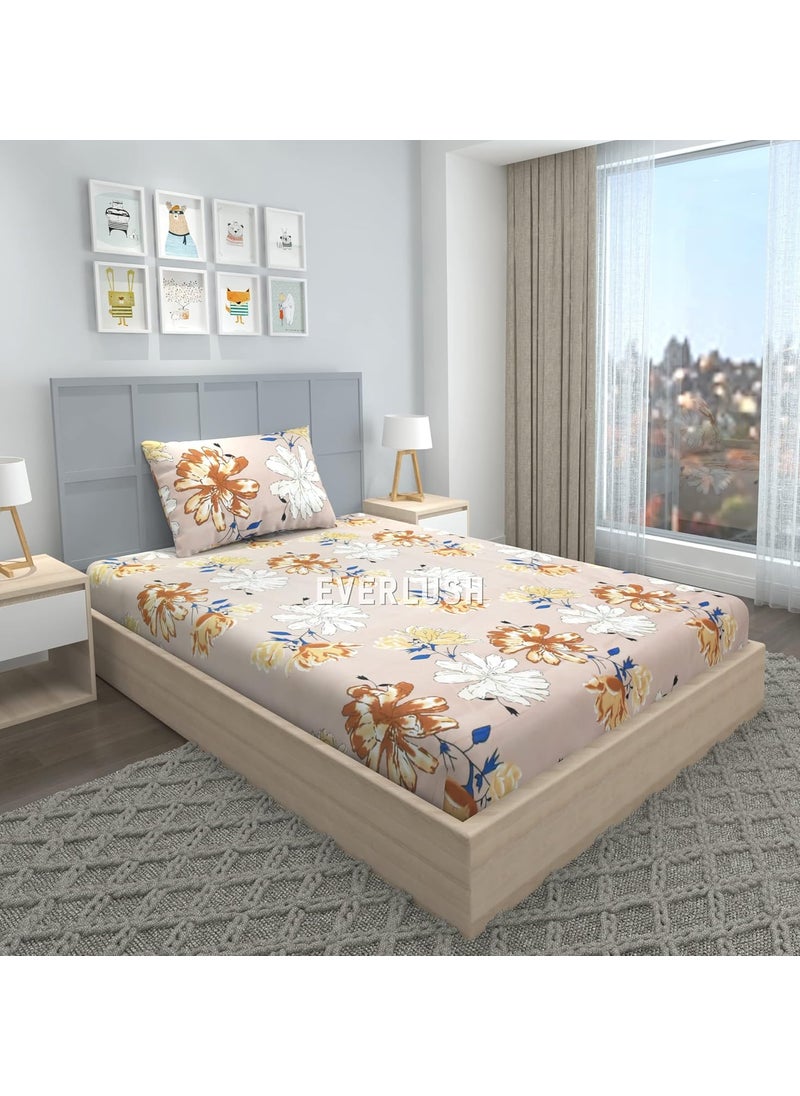EVERLUSH - EVERLUSH 180 TC Glace Cotton Single Bed Size Elastic Fitted Bedsheet with 1 Pillow Cover, Size - 36 x 72 (Brown White Floral) - Image 1