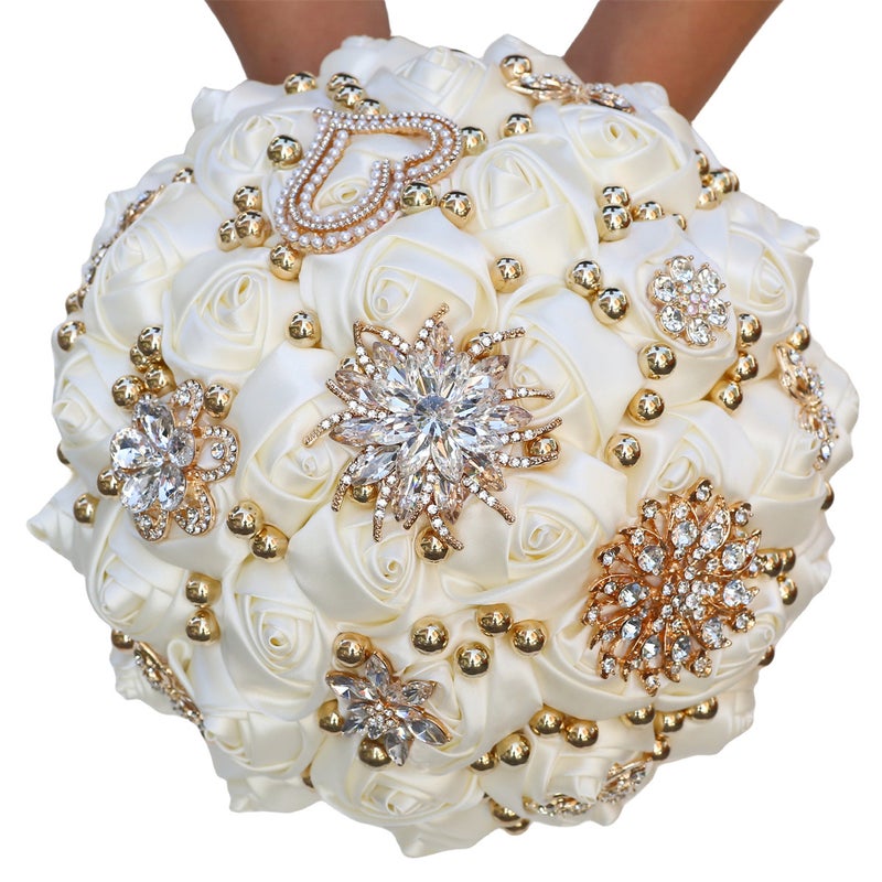 Gold Pearl Bridal Wedding Hand Holding Satin Bouquet Wedding Decoration Wedding Supplies Manufacturer W1207G - Image 4