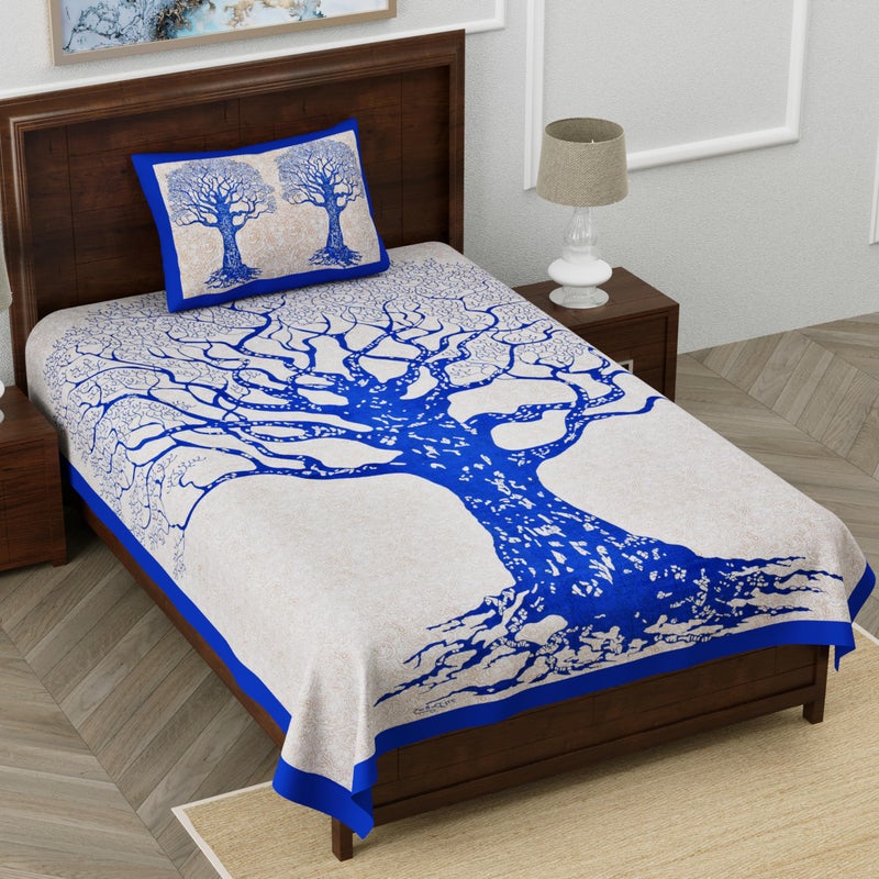 Poorak Single Cotton Bedsheet with 1 Pillow Cover White::Blue